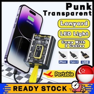 SG [READY STOCK] Punk Transparent Powerbank Fast Charging Mini Power Bank LED Light Built-in 3 Cables Portable Battery