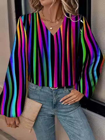 Plus Size 1XL-5XL Women's Colorful Striped Print Elegant T-shirt Women V-neck Color Checkered Print 