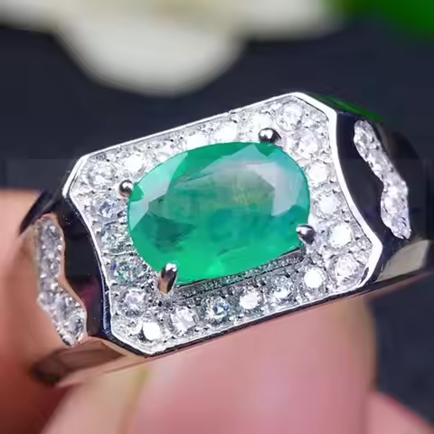 High-end Men ring Emerald ring Free shipping Natural real emerald 925 sterling silver birthday anniv