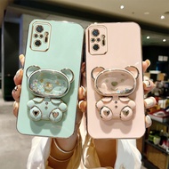 Luxury Electroplated Phone Case for Xiaomi Redmi Note 10 4G Note 10S Redmi Note 10 Pro Max Cute Quicksand Liquid Bear Bracket with Make Up Mirror