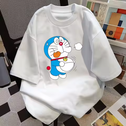 2025 Summer New Harajuku Cartoon Doraemon Dingdang Cat Short Sleeve Blue Fat Short Sleeve Loose Men'