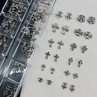 【SEBG】 60Pcs/12 Grids Mixed 3D Punk Silver Heart Cross Metal Manicure Nail Decoration Retro Differen
