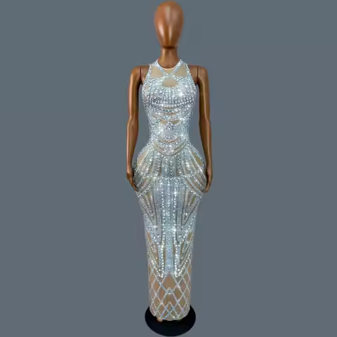 Silver Sparkly Crystals Mermaid Maxi Dress Sleeveless See Through Mesh Pageant Stage Performance For