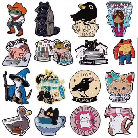 Raccoon Enamel Brooch Muscle Magic Laboratory Frog Lapel Badges Black Cat Book Crow Duck Lady Pins B