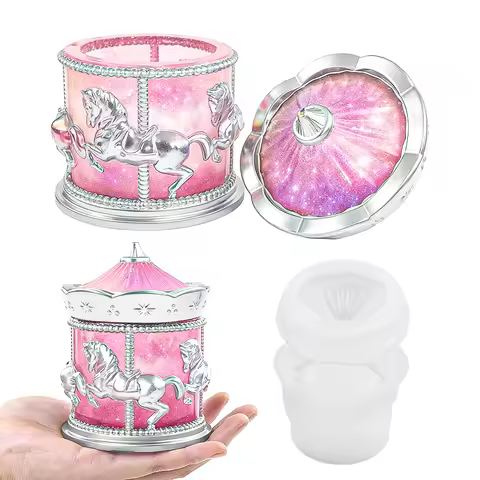 Carousel Storage Box Silicone Mold Set DIY Handmade Relief Design Plaster Concrete Resin Candle Jar 