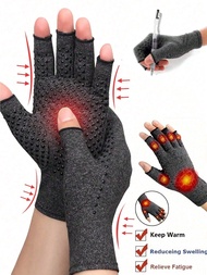 1 คู่ ถุงมือไร้นิ้วสีเทาเพื่อผู้ป่วยข้อเรื้อรัง ถุงมือถัก ยืดหยุ่นอุ่น สำหรับผู้หญิงและผู้ชาย