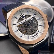 MASERATI手錶,編號R8821142001,42mm金色12邊形精鋼錶殼,白色, 機械鏤空鏤空, 中三針顯示, 精密刻度錶面,寶藍真皮皮革錶帶款,原廠限量款，不怕被仿冒!