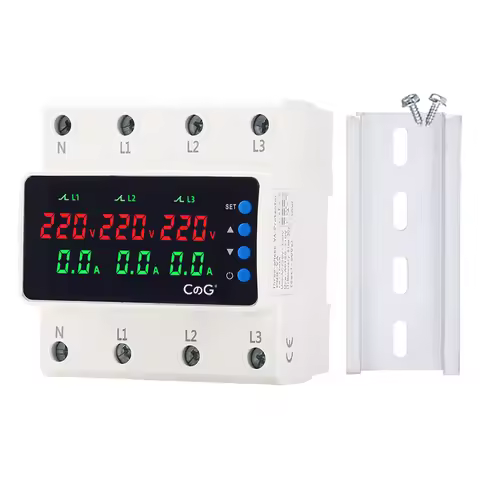 CG 6-Modules Display 3 Phase 63A Over Under Voltage Current Protector AC 220V Adjustable DIN Rail Pr