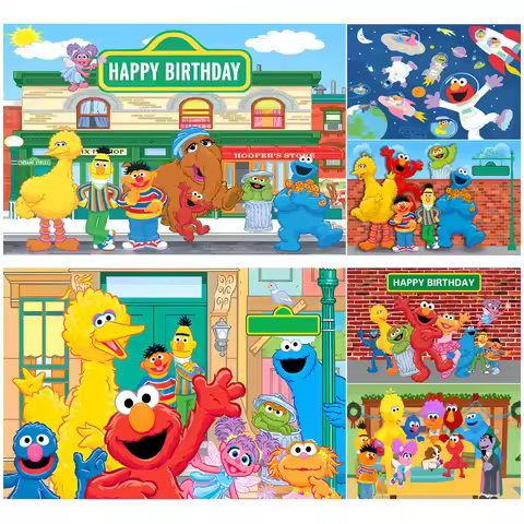 Sesames -Street Birthday Backdrop Cartoon Elmo Bird Cookie Monster Party Banner Kids Birthday Photo 