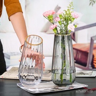 XY！Qi Jing Gold-Painted Transparent Glass Vase Rose Lucky Bamboo Lily Vase Hydroponic Container Home Living Room Light L