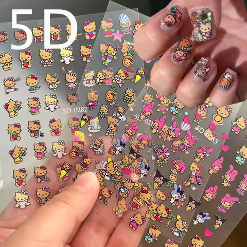 5D Sanrio Hawaii Hello Kitty/Mymelody Nail Stickers 1Pcs Kawaii Cartoon Kitty Nail Stickers DIY Holi
