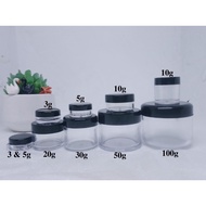 (All Sizes) Transparent plastic jars, black lids, 2g, 3gr, 5gr, 10gr, 15g, 20gr, 30gr, 50gr, 100gr -