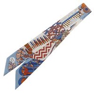 二手愛馬仕 Twilly 圍巾“De l'Ombrelle aux Duels”真絲淺藍色/橙色女式