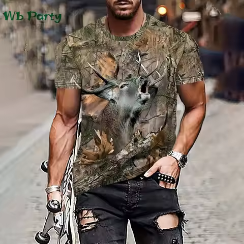 Deer and Forest Graphic T shirts 3D Print Men's Clothing Summer Round Neck Mens Clothing Pullover Fa
