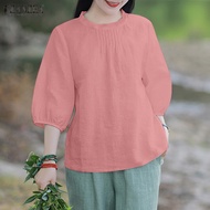 ZANZEA เสื้อคอตั้งลำลองสำหรับผู้หญิงสไตล์เกาหลีเสื้อเสื้อจับจีบแขน3/4โคมไฟผ้าฝ้ายวินเทจ #8