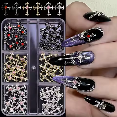 48Pcs Y2K Shiny Vintage Cross Nail Art Charms With Rhinestones Metal Punk Black Silver Gold y2k Prem