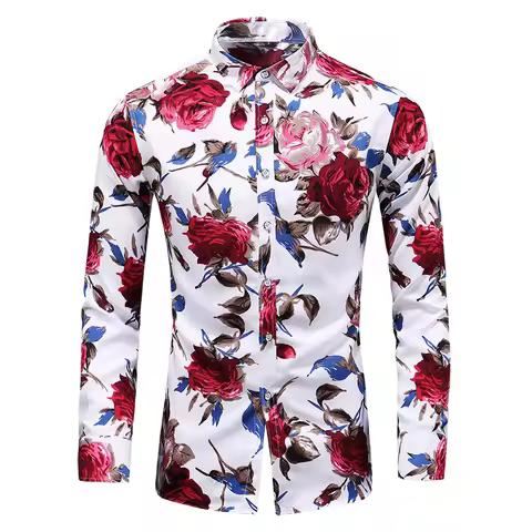 Hot Sale New Fashion Flower Printed Men's Shirt Casual Plus Size Long Sleeve Shirts Male Slim Fit Me