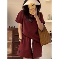 Embroidery Elastic Waist Tracksuit Red T Shirt Woman Shorts Tailoring Vacation Outfits 2025 Casual S
