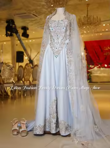 Customized Sky-Blue Exquisite Middle Eastern Wedding Gown Sparkling Gemstone Bridal Gown Afghan Brid