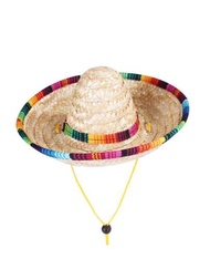 1入組寵物編織草帽,墨西哥風格帽子,春夏防曬遮陽帽,可調節帽子