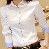白色职业衬衫女长袖韩版修身大码工作服女士打底衬衣White Professional Shirt Women's Long-sleeved Korean-style Slim-fit Large Si