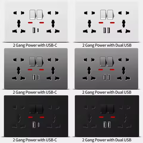 Universal Wall Socket 2‑Gang Power Outlet with Switches, USB‑C Charging Port, LED Indicator, Flush M