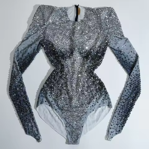 Sparkly Luxurious Grey Rhinestones Leotard Group Bodysuit Party Birthday Bar Nightclub Outfit Drag Q