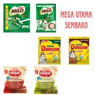 Milo active go sachet 22gr Milk, milo 3 in 1 sachet 35 gr, Dancow Fortigo, Cerelac