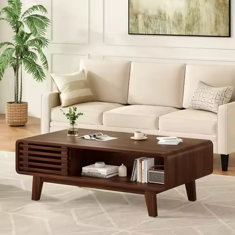 Mid Century Modern Farmhouse Coffee Table with Storage, Wood Table for Living Room, Farmhouse Style