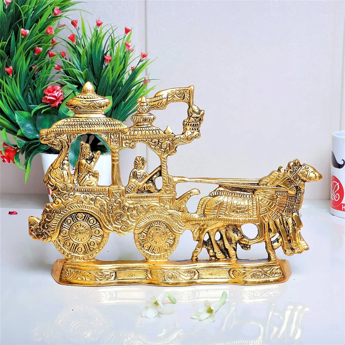 WALL HANGING Metal Gold Plated Antique Lord Krishna and Arjun Rath Chariot with Two Horses home deco