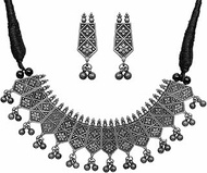 Indian Antique Silver Oxidized Polish Afghani Tribal Gypsy Boho Ghungroo Bells Statement Tassel Big Thread Necklace Earrings Jewelry