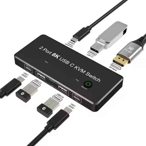 USB C KVM Switch 2 Port 8K KVM Switcher 8K60Hz 4K@144Hz for 2 Laptops USB-C to DP1.4 Video Output Mo