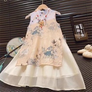 Western Style Girls Cheongsam Summer New Style Children Chinese Style Printed Dress Long Skirt Baby 