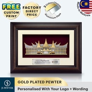 (JS Pewter) 11"x15.5" VIP Solid Wood Frame Gold Plated PEWTER | Rumah Minang | Gift Box | Corporate 
