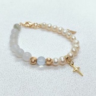 翠藍珍愛-天山翠玉 海藍寶 5-6mm天然淡水珍珠 包14K金十字架手鏈