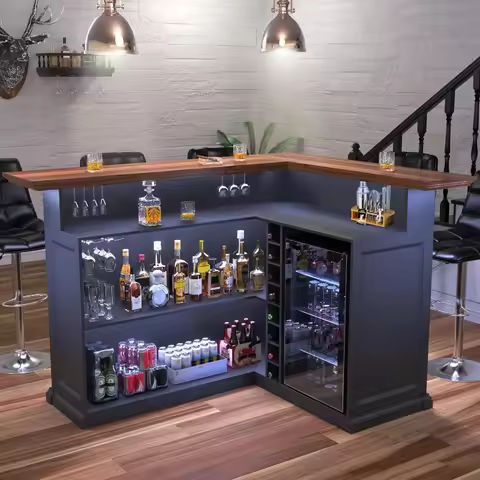 GDLF L Shaped Home Bar Cabinet with Fridge Space, Oversized Modern Basement Bar Table, 67" x 53β Win