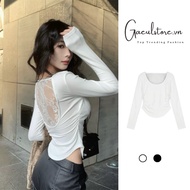 Gaeul store- long-sleeved cotton shirt with shrimp flap and lace back