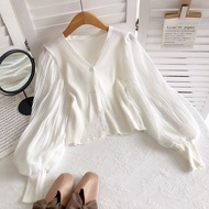 สลิมฟิต คอวี Bubble Sleeve เสื้อผ้าถัก ผ้าชีฟอง Splicing Long Sleeve Single Button ฤดูใบไม้ร่วง ฤดูห