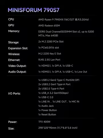 Minisforum 790S7 Mini Tower: AMD Ryzen 9 7940HX, Dual DDR5 & PCIe 4.0 SSD, Triple Display Output, 2.