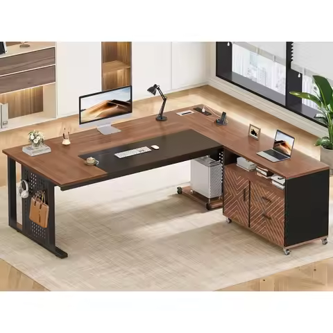 71" Executive Desk with Rolling File Cabinet, Large Office Desk with Drawers, L Shaped Computer Desk