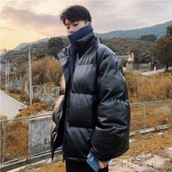 Jaket Kapas Bawah Lelaki Musim Sejuk Kolar Berdiri Kot Kulit PU Jaket Puffer Tebal Gaya Korea Saiz B
