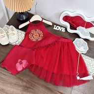X155 (Tặng khăn hoa) Set áo yếm vòng tròn chân váy đỏ 2 lớp cho bé gái mặc trung thu