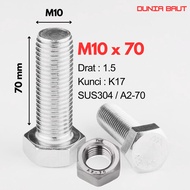 Stainless Hex Bolt M10X70 - Hexagon Bolt 10X70 / M10 X 70 / 10 X 70 SS304 SUS304 / A2-70 Full Thread