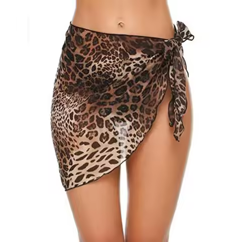 Summer Women Leopard Sarong Skirt Swimsuit Cover Ups Beach Bikini Wrap Sheer Short Skirt Chiffon Ski