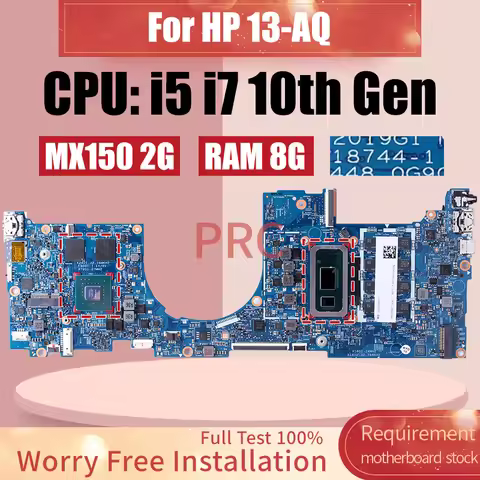 For HP ENVY 13-AQ Laptop Motherboard 18744-1 i5 i7 10th Gen RAM 8G MX150 2G L53414-601 L63123-601 L5