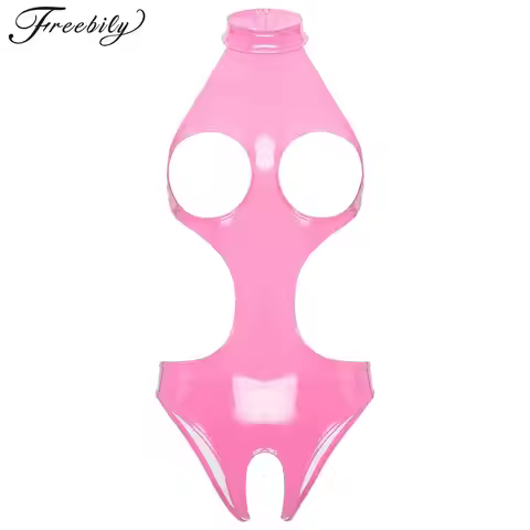 Womens Catsuit Wet Look PVC Leather Halter Neck Open Breast Crotchless Bodycon Bodysuit One Piece Cu