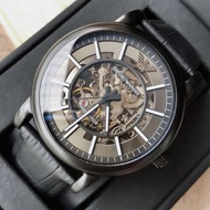 EMPORIO ARMANI 鏤空錶盤 黑色皮革錶帶 自動機械錶 AR60008