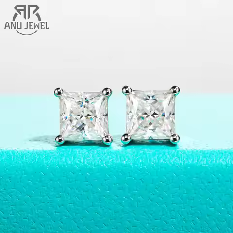 AnuJewel 10k Gold Post 4/2/1.2ct Princess Moissanite Women Earrings 10K Gold Post Anti-allergy Stud 
