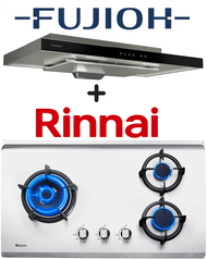FUJIOH FR-MS1990R 90CM SLIMLINE HOOD WITH TOUCH CONTROL + RINNAI RB-73TS 3 BURNER HYPER FLAME STAINLESS STEEL BUILT-IN HOB