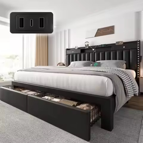 King Size Bed Frame with 2 Tier Storage Headboard, Upholstered King Bed Frame with 4Storage Drawers,